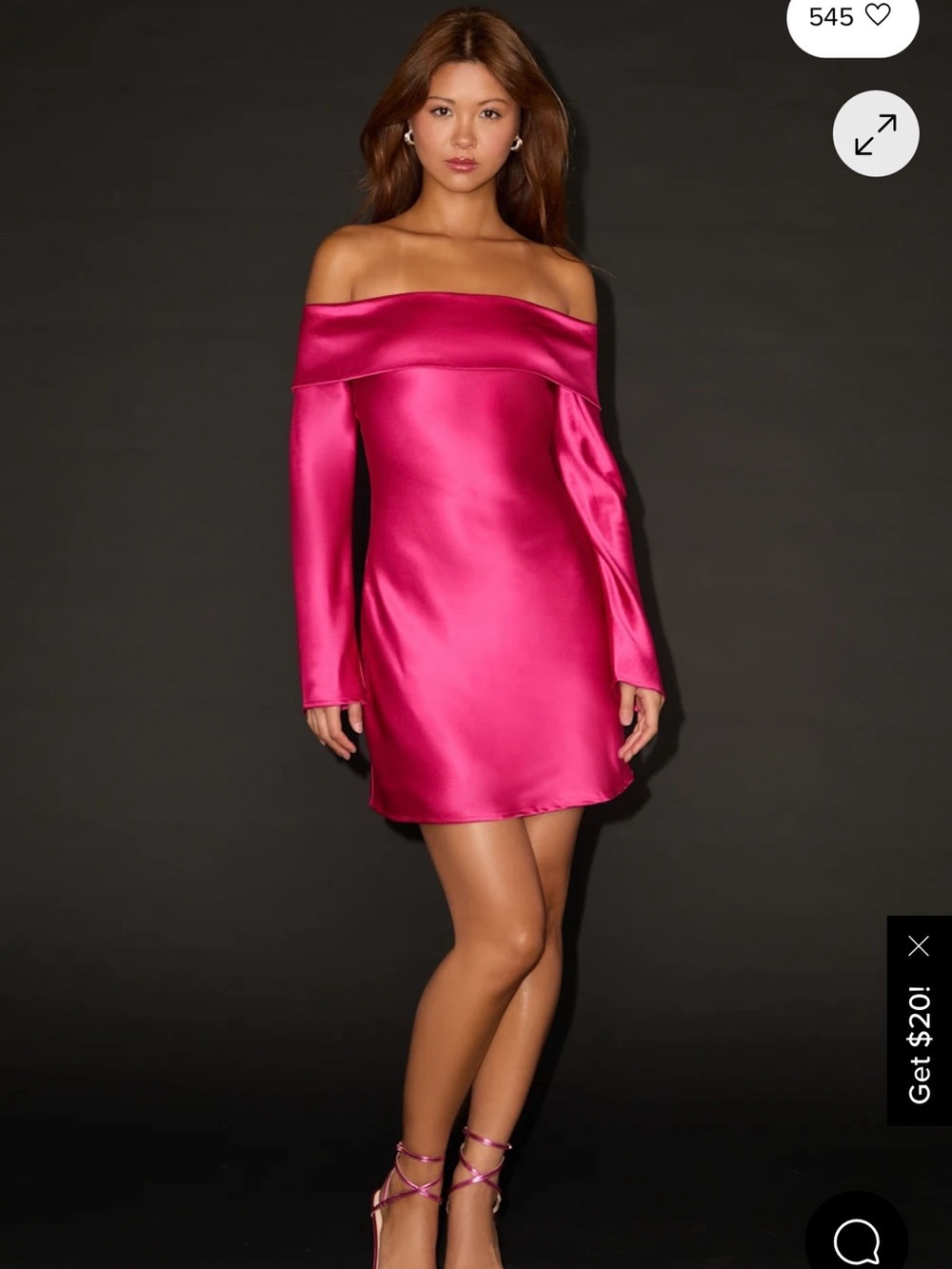 Lulu's Off-Shoulder Hot Pink Satin Long Sleeve Mini Dress